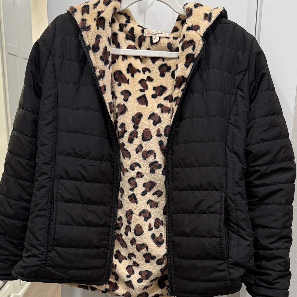 Black Puffer Jacket with Leopard Print